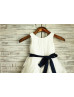 Ivory Taffeta Ruffle Flower Girl Dress With Navy Blue Sash